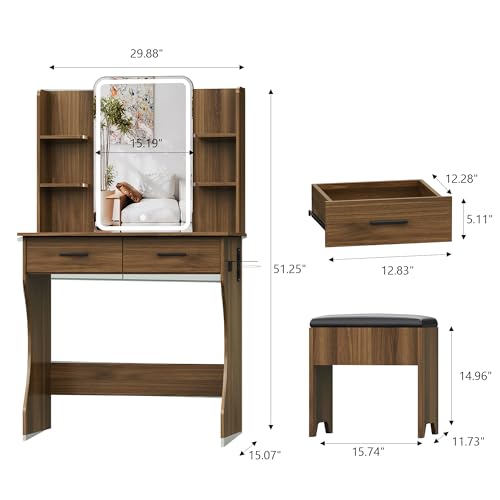 Small Vanity Desk with Mirror and Lights, Makeup Vanity with LED Lights, Walnut Vanity Mirror with Lighted Desk and Chair, 3 Lighting Adjustable Compact Dressing Table with Mirror for Women, Girls - color: Walnut, size: 29.88x15.09x51.30 in