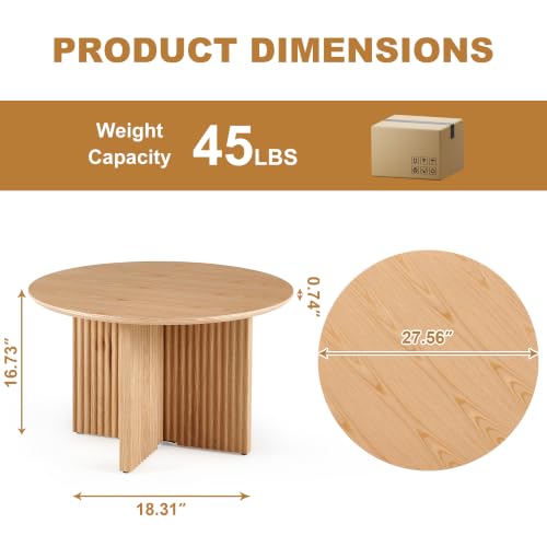 27" Round Coffee Table, Mid Century Modern Coffee Tables with Fluted Base, Wooden Circle Accent Center Table for Living Room Small Space Apartment Office, Oak - color: Oak, size: 27" Cross-leg Table