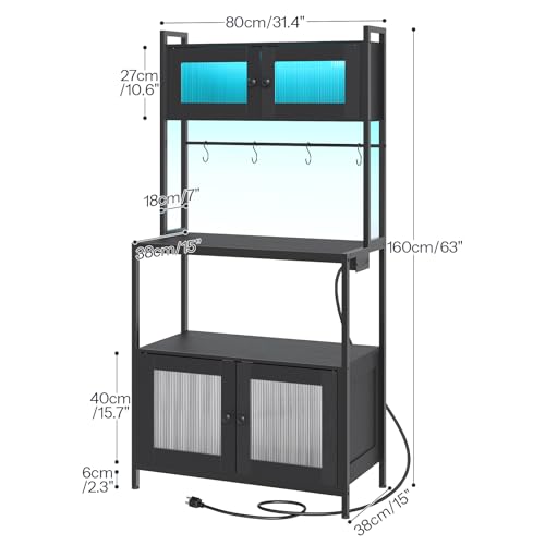 HOOBRO Bakers Rack with Storage Cabinet, 5-Tier Coffee Bar with Power Outlet and LED Lights, Industrial Microwave Oven Stand with Shelves, Kitchen Storage Shelf with Cabinet, Black BB13UDHB01 - color: Black