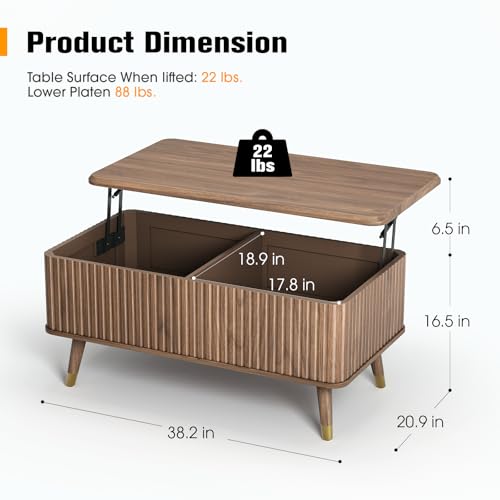 JOINICE 38" Lift Top Coffee Table with Storage for Living Room,Walnut | Large Hidden Storage,Mid Century Modern Design,Fluted Center Table with Wooden Legs,Lifts to 23",Holds 88lbs,Easy Assembly - color: Walnut_rectangle