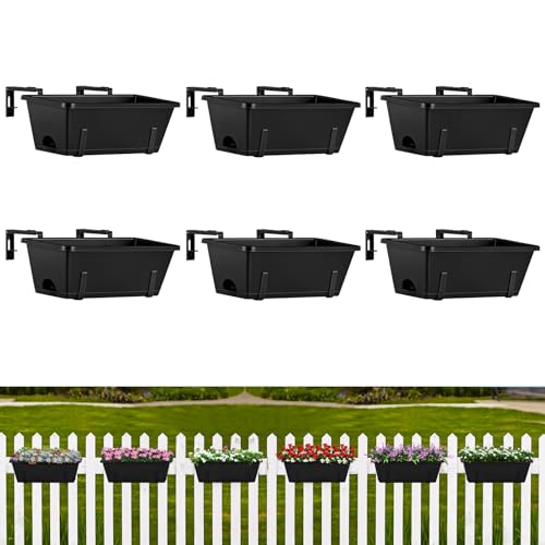 ETELI Railing Planter Hanging Planter Box with Brackets Set 6, Black | Adjustable with Drainage Holes for Deck Garden Window Fence - color: All Black