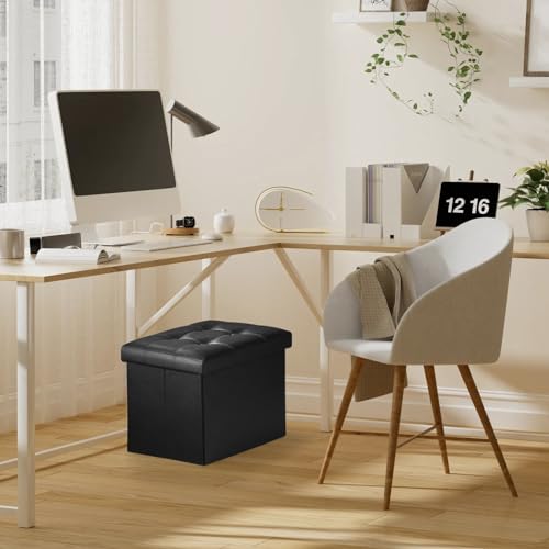 Bsketa 2PC Storage Ottoman, Folding Foot Stool with Thicker Foam Padded Seat Small Leather Storage Ottoman Bench Foot Rest for Living Room Foldable Coffee Table 17x13x13in,Black | Ottoman with Storage, Thicker Foam Padded Seat, Living Room, Dorm, Bedroom,