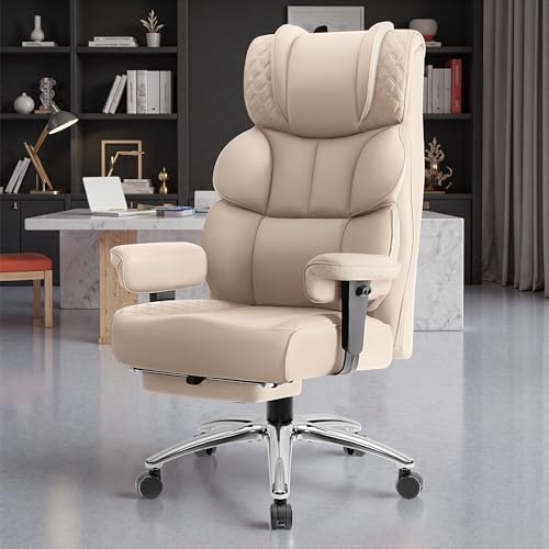 BestGlory Office Desk Chair, Big and Tall Leather Gaming Chair with Footrest, Wide Ergonomic Comfy Executive High-Back Reclining Computer Chairs, Swivel Rolling Wheels and Padded Lumbar Support, Beige - color: Beige, style: 3 Position Reclining