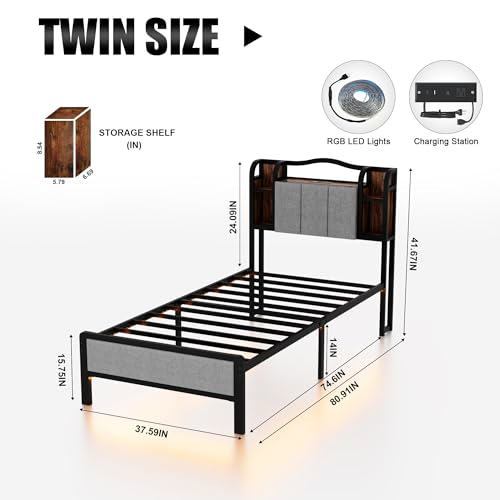 Twin Size Bed Frame with LED Lights & Charging Station | Upholstered Headboard & Footboard, No Box Spring Needed, Noise-Free Easy Assembly, Large Under Bed Storage - size: Twin
