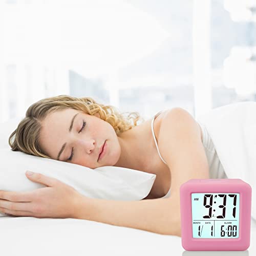 Plumeet Digital Alarm Clock Kids Clock with Snooze and White Nightlight - Easy Setting Travel Alarm Clocks Display Time, Date, Alarm - Ascending Sound - Battery Powered (Baby Pink) - color: Baby Pink