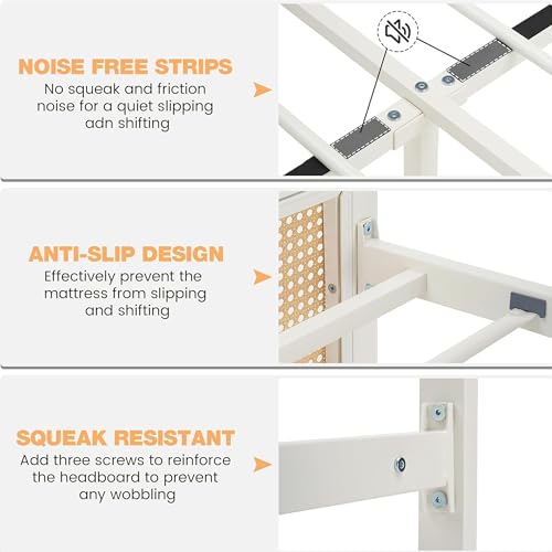 GarveeHome Rattan Full Size Bed Frame with Headboard, White | Boho Bed Frame with Strong Metal Slat, Noise Free, No Box Spring Needed - color: White/Natural, size: Full (No Drawers)