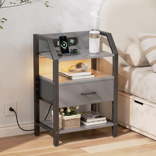 HLDIRECT Compact Nightstand with Charging Station, Warm LED Bedside Table | Fabric Drawer & Shelf, FSC Wood, 66 lbs, 18.1"W x 11.5"D x 26"H, Adjustable Feet, Compact for Small Bedroom, Dorm, Grey - color: Grey, size: 1 Drawer