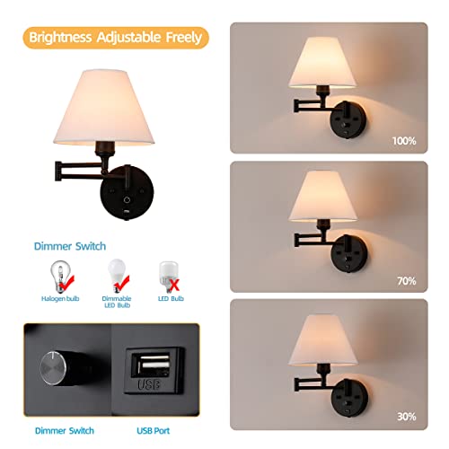 Swing Arm Wall Sconces, Plug-in Wall lamp,Bedroom Wall lamp , White Fabric Shade,,with dimmable Switch and USB Charging Port, Suitable for Bedside, Living Room, Reading (Black) - color: Black
