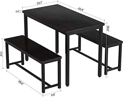 Dining Room Table Set with 2 Benches, Farmhouse Dining Table Set for 4-6, Wood Breakfast Table Set Dinner Table Set Kitchen Table and Chairs for Breakfast Nook Small Spaces, Black - color: Black
