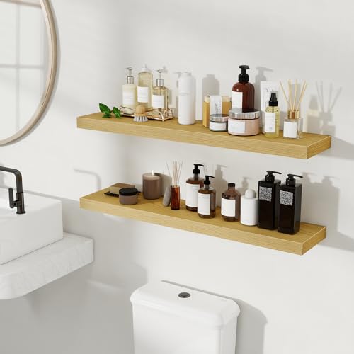 Fun Memories Floating Shelves for Wall, 36 Inch Long Set of 2 Rustic Wood Wall Shelves with Invisible Brackets, Heavy Duty Storage Display for Living Room Bedroom Kitchen, Oak - color: Oak, size: 6.5"D x 36"L - 2Pack