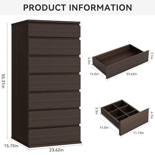 Jocoevol Brown Tall 8 Drawer Dresser for Bedroom,Dressers & Chests of Drawers with Jewelry Storage,Wood Storage Dresser with Deep Drawers for Living Room Hallway Entryway(55.3" L*23.6" W*15.7") - color: Brown