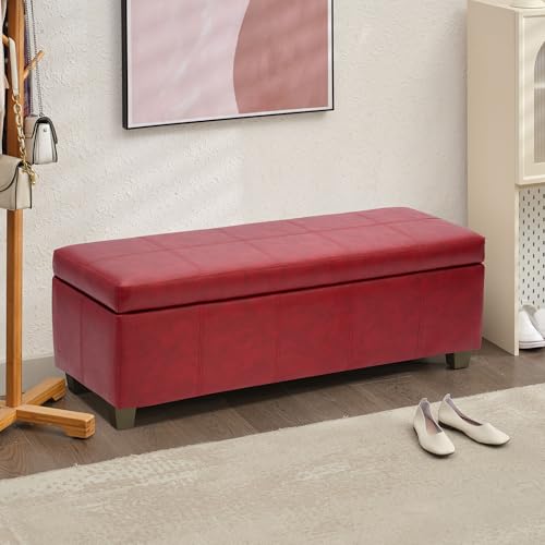 51 Inch Storage Ottoman, Storage Bench with Safety Hinge, Upholstered Synthetic Leather Ottoman Bench for Bedroom, Living Room, Entryway, Hallway, Foot Rest, Support 500lbs - color: Red, size: 51 inch