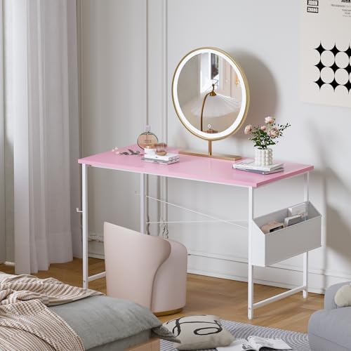 Pamray 47 Inch Computer Desk for Small Spaces with Storage Bag, Home Office Work Desk with Headphone Hook, Small Office Desk Study Writing Table - color: Pink, size: 47 Inch