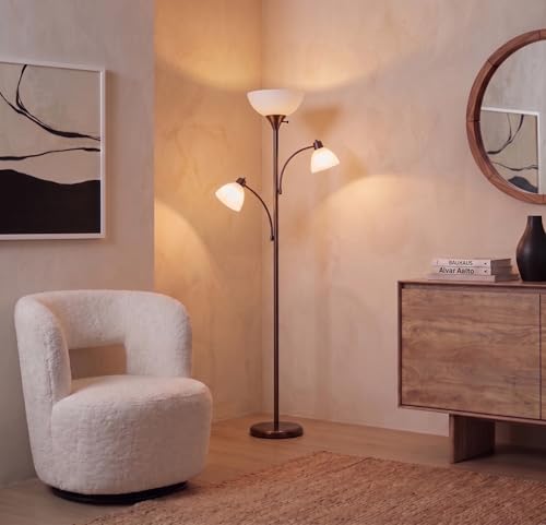 Brightech Sky Dome Double LED Floor lamp, Torchiere Super Bright Floor Lamp with 2 Reading Lamps for Living Rooms & Offices - Dimmable Tall Standing Lamp for Bedroom Reading - Bronze - color: Bronze