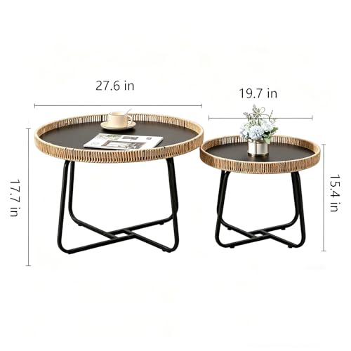 Round Woven Nesting Table, Wicker Coffee Table and Side Table Set of 2 | Metal Legs, for Living Room\ Outdoor\ Bedroom\ Office\ Balcony\ Patio, with Lip on Top