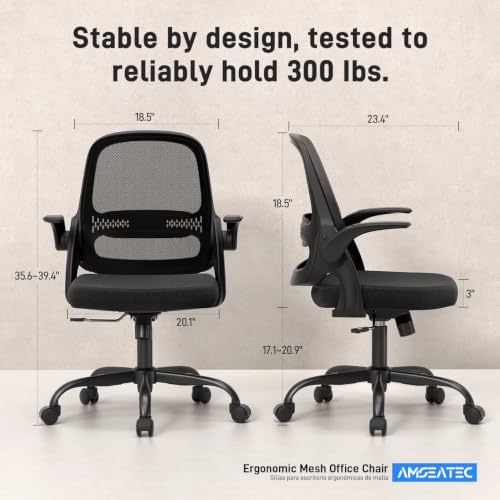 amseatec Ergonomic Mesh Desk Chair with Flip-Up Arms, Supports 300 lbs | Aerospace-grade frame, Mesh & 3" foam seat. 90-110° rocking, height adjustable, 360° swivel. - color: Black