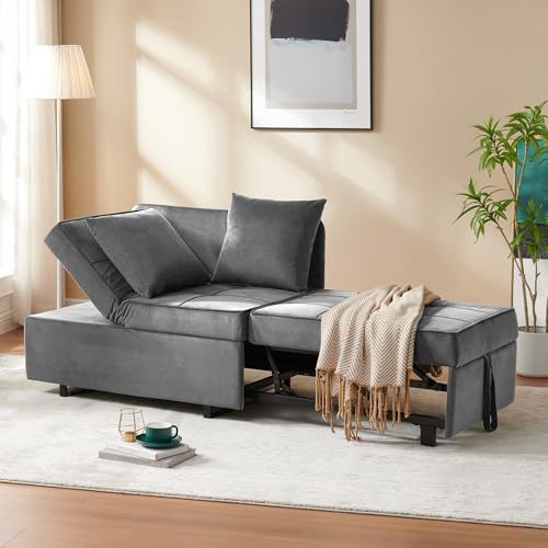 Convertible Sofa Bed 4-in-1 Pull Out Couch, Ottoman Bed Sleeper, Light Grey | Velvet Love seat Couch Sleeper Chair Bed with USB Ports, 5 Adjustable Backrest and Pillow for Living Room Apartment Office - color: Light Grey