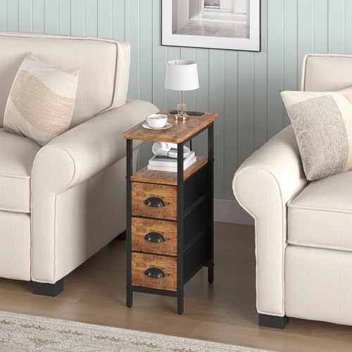 sthmec End Table with Charging Station,Narrow Side Tables with USB Ports and Outlets,Skinny Bedside Tables with 3 Drawers,Small Nightstands for Small Space,Slim Sofa Table for Livingroom,Rustic Brown - color: Rustic Brown, size: 7.88'' W*15.75'' D*24.3''
