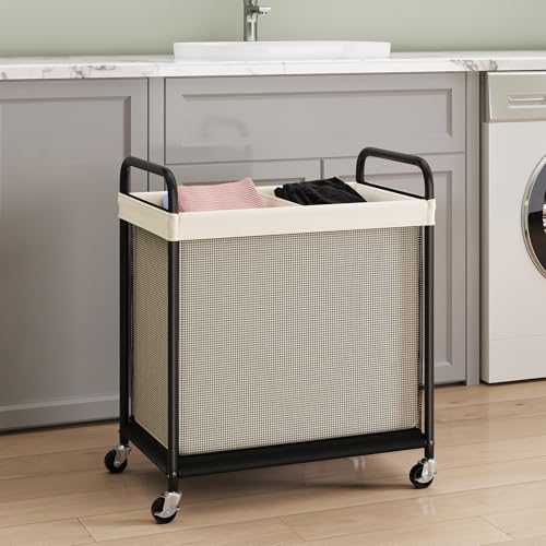 ELYKEN Laundry Hamper 2 Section, 100L Rolling Laundry Sorter with Wheels | Removable Washable Liner Bags, Sturdy Steel Frame and Metal Handle, Double Compartment Clothes Organizer for Laundry Sorting - color: Beige, size: 2-Section