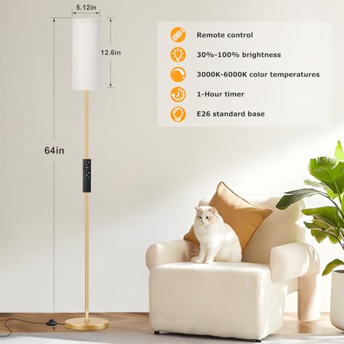 64'' Floor Lamps for Living Room with Remote Control and Stepless Dimmable Colors Temperature & Brightness, 9W Bulb Included(Beige Lampshade & Gold Pole) - color: beige & gold, size: 64.57 inches Round Shade