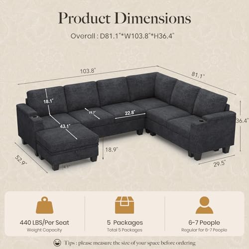 Belffin Chenille Modular Sectional Sofa Convertible L Shaped Corner Couches for Living Room with Storage Armrest with Cup Holder Dark Grey Couch - color: Dark Grey, size: 6-seater sofa