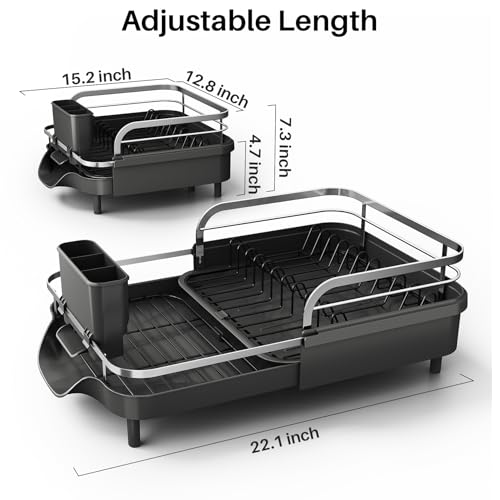SNTD Expandable Dish Drying Rack for Kitchen Counter, 15.2-22.1 in, Black | Rust-Resistant Stainless Steel, Protective Side Rails, Self-Draining Drainboard, Removable Utensil Holder - color: Black