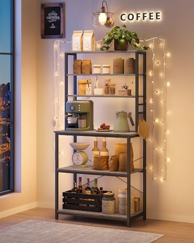 VASAGLE Coffee Bar, 31.5 Inches Baker's Rack for Kitchen with Storage, 6-Tier Kitchen Shelves with 6 Hooks, Microwave Stand, Industrial, Heather Greige and Ink Black UKKS019B02 - color: Heather Greige + Ink Black, size: 31.5"W, style: No Power Outlet