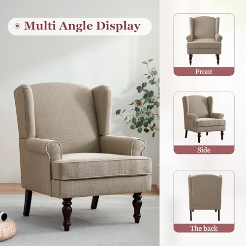 HUIMO Printed Wingback Accent Chair, Linen Upholstered High Back Armchair, Comfy Reading Chair for Living Room Bedroom Study, 300lbs Weight Capacity (1, Brown with Lines) - color: Brown With Lines