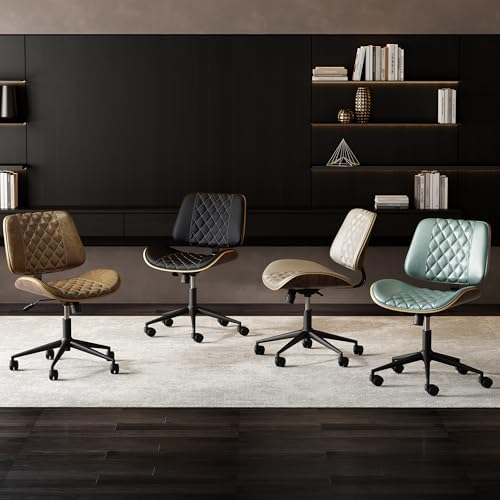 Home Office Chair No Arms with Wheels, Armless Adjustable Height Small Desk Chair, Armless PU Leather Computer Chair Mid Back 360 Swivel, Modern Walnut, Reading Meeting Room (Brown) - color: Brown