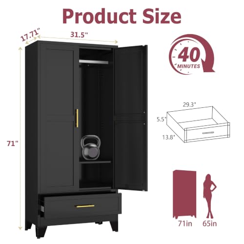 GAIOUS Metal Armoire Wardrobe Closet Cabinet with 2 Doors and Drawer, 71" | Household Wardrobe Cabinet with Hanging Rod, Clothing Storage Cabinet with Adjustable Shelf for Bedroom Cloak Room Gym Black - color: 1 Drawer Black, size: 17.71"D x 31.5"W x 71"H