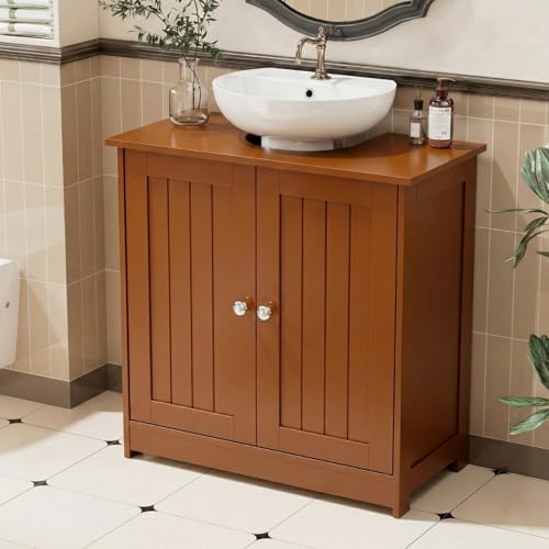 Bonnlo Pedestal Sink Storage Cabinet, 24" Espresso Under Sink Bathroom Storage Cabinet with 2 Doors and Adjustable Shelf, Traditional Bathroom Space Saver Organizer for Small Spaces, Water-Resistant - color: Brown