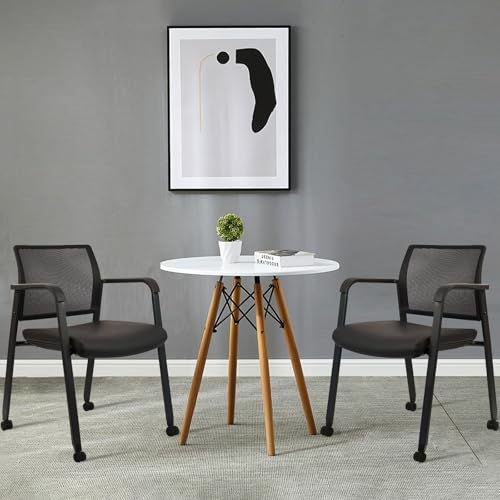 CLATINA Stacking Office Chair with Wheels, Mesh Back Waiting Room Guest Chairs with Arms Comfortable Leather Cushion Stackable Desk Chair for Conference Reception School Side Stationary, Black, 2PK - color: Withwheels Black Leather, size: 2 pack