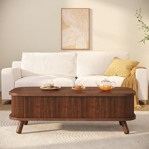 knoworld Fluted Lift Top Coffee Table with Storage, 47" Oval Coffee Table with 3-Partition Hidden Compartment, Mid Century Modern Wood Center Table for Living Room, Work & Dining from Sofa, Walnut