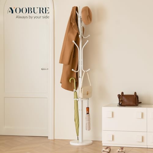 Yoobure Metal Coat Rack Freestanding with Marble Base, Coat Tree with 12 Hooks & Umbrella Holder, Coat Hanger Stand for Corner Entryway Bedroom Office, Heavy Duty Coat Rack Stand for Clothes Hats Bags - color: White