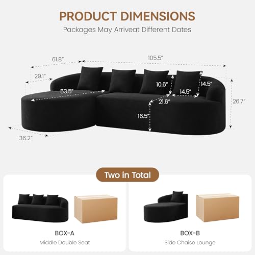 105" Boneless L Shaped Sectional Couch, Curved Cloud Deep Seat Sofa with Chaise Lounge, Oversized 4 Seater Couches for Living Room, No Assembly, Chenille Black - color: Black, size: L-Shaped Sofa