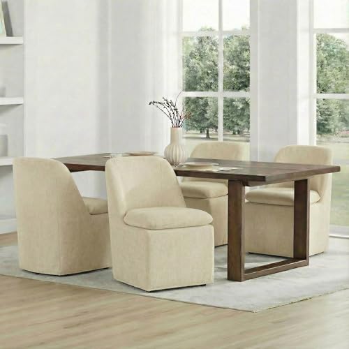 KISLOT Upholstered Dining Chairs Set of 1 with Casters, Modern Side Armless Deskchair with Washable Slipcover & Sturdy Metal Frame for Diningroom Bedroom Livingroom Reading Room, Sand Fabric