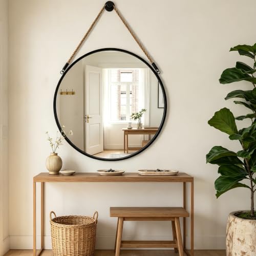 POZINO 24" Round Mirror with Black Frame, Hanging Mirror for Wall | Circle HD Mirror with Jute Rope, Anti-Rust, Farmhouse Decorative Wall Mirror for Entryway, Living Room, Fireplace, Bathroom - color: Black, size: 24"L x 24"W