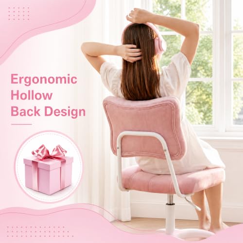 Homkdom Velvet Vanity Chair with Bow Backrest & Height Adjustable,Bedroom | Armless,360 Swivel,Silent Casters for Dressing Room & Living Room, Home Office,Make up,Reading,Light Pink - color: Light Pink