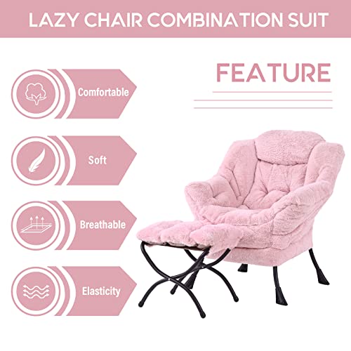 Lazy Chair with Ottoman, Comfy Accent Reading Chair, Plush Pink | Foldable Footrest,Removable Cover,with Armrests and Side Pockets,Upholstered Lounge Chair for Bedroom,Dorm,Office,Small Space - color: Plush Pink
