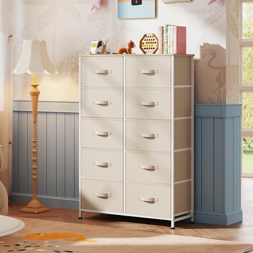 WLIVE Tall Dresser for Bedroom with 10 Fabric Drawers, Cream White | 10 Drawers, Fabric Dresser for Closet, Storage Tower with Cabinet, Metal Frame - color: Cream White
