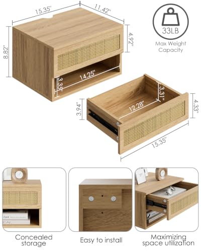 Modern Floating Nightstand with Drawer, Wall Mount Shelves, Oak Rattan | Small Space Saver, Modern Minimalist Design, Wall Mounted Shelves, for Bedroom, Bathroom, Living room, Easy Assembly, Rattan - color: Oak Rattan