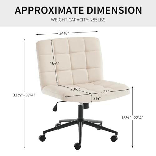 Furnimart Swivel Criss Cross Legged Chair with Wheels for Home Office, Wide Armless Desk Chair Height Adjustable Comfy Seat for Desk,Vanity, Bedroom, Beige - color: Linen-beige