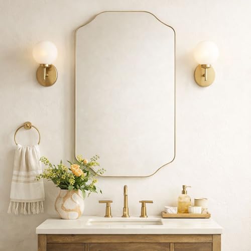 TEHOME Scalloped Gold Bathroom Mirror Decorative Brushed Brass Metal Framed Irregular Bathroom Vanity Mirror 24x32'' - color: Brushed Gold, size: 32"L x 24"W