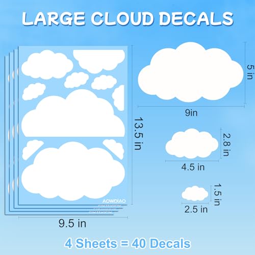 AOWDIAO Cloud Wall Decals - 40 Peel and Stick Clouds Stickers - Assorted Shapes and Sizes for Nursery, Bedroom, Classroom Decor - style: Cloud