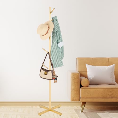 ZOZOE Coat Rack with 8 Hooks, Golden Adjustable Coat Rack Stand | Heavy Duty Coat Rack Freestand,Modern Coat Stand,Metal Clothes Tree Stand for Coats Bags Hats in Hallway Entryway - color: Golden