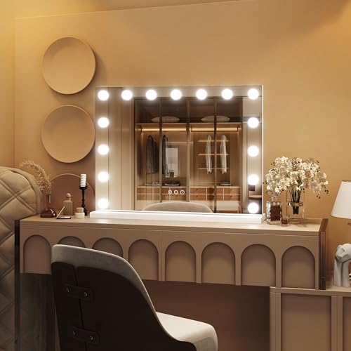 ROLOVE 23"x18" Hollywood Vanity Mirror with Lights, 15 Dimmable LED Bulbs, led Makeup Mirror with 3 Color Modes, Lighted Vanity Mirror for Tabletop or Wall-Mounted - color: White, size: 23"L x 17"W