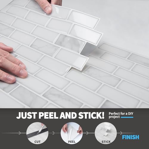 Art3d 10-Pack Peel and Stick Stone Backsplash Tile, 12" x 12", White Marble | Strong Adhesion, Lightweight, Cuttable, Waterproof, Fadeless, Crack Resistant, for Kitchen, Bedroom, Ideal for Recently Moved - color: White Marble