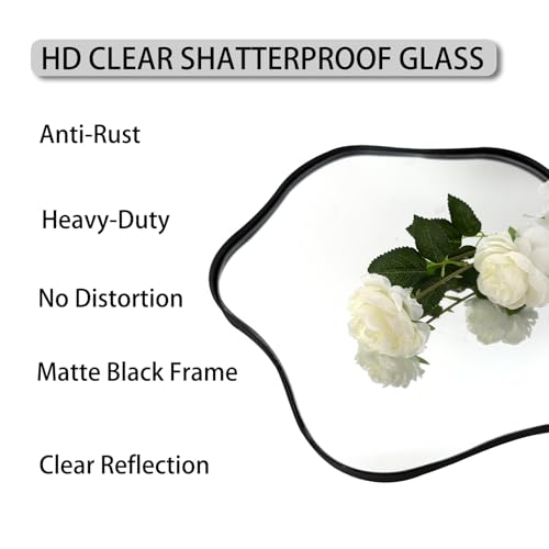Scalloped Irregular Mirror, 28" Asymmetrical Art Deco Wall Mirror with Gold Metal Frame, Wavy Decorative Accent Mirrors for Entryway Bedroom Living Room, Horizontal or Vertical Hanging - color: Black, size: 28"L x 28"W