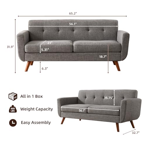 Tbfit 65" W Loveseat Sofa, Mid Century Modern Love Seat Couches for Living Room, Button Tufted Upholstered Small Couch for Bedroom, Solid and Easy to Install Love Seats Furniture, Grey - color: Grey, size: 65.2 inch