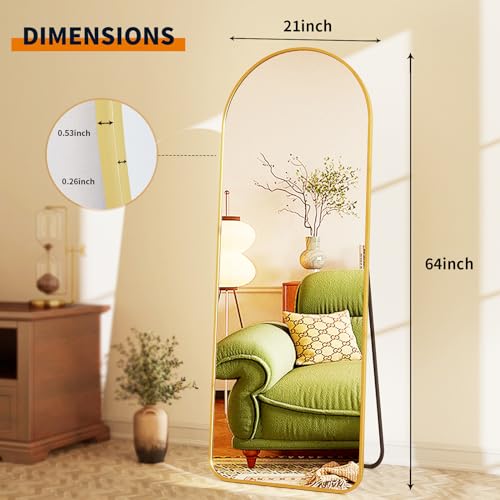 64"x21" Arched Full Length Floor Mirror Full Body Mirror with Stand | Shatterproof Tempered Glass, Aluminum Alloy Frame HD-Free Standing or Leaning Wall Mirror for Bedroom or Living Room - color: Gold, size: 64"L x 21"W